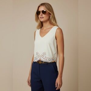 Luna Sleeveless Top Eyelet‎ Crochet Trim Cream V-Neck Women's XL